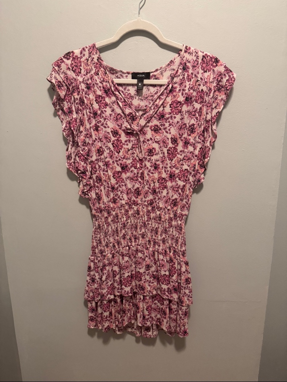 Aqua Pink Floral Smocked Ruffle Mini Dress